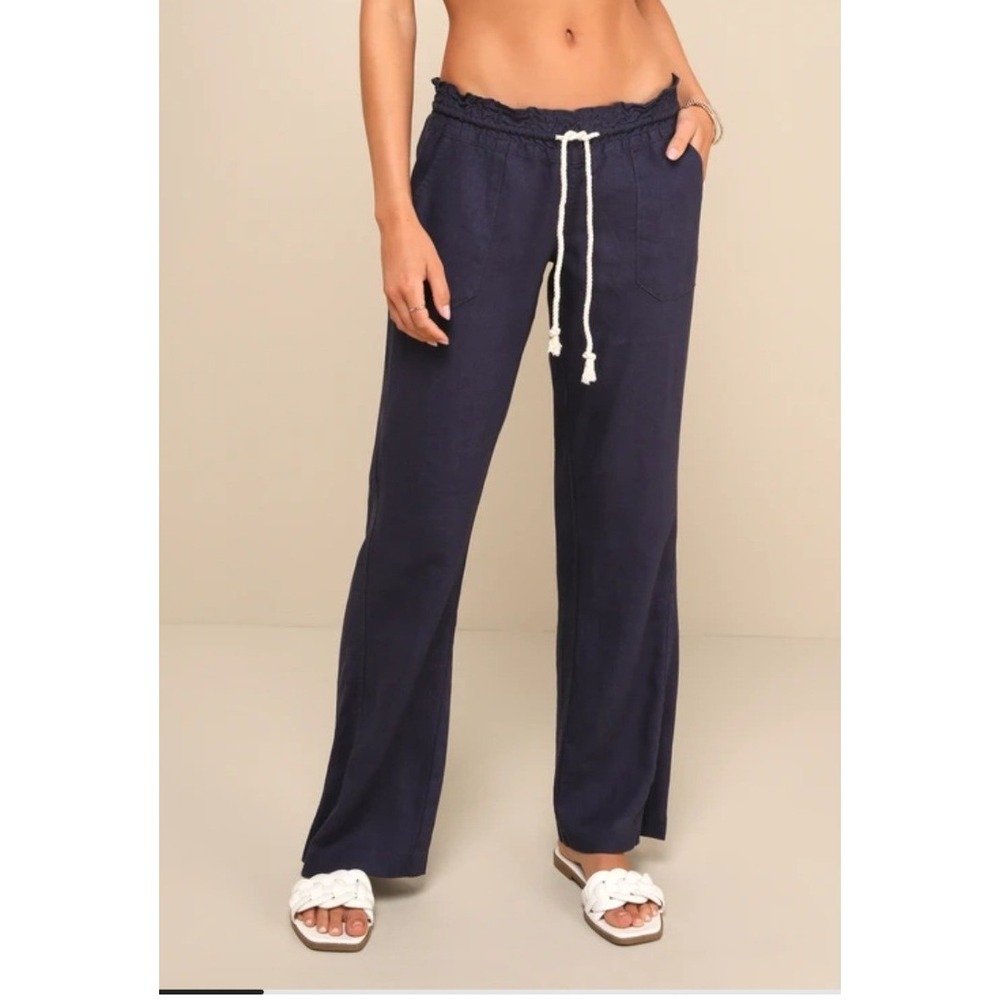Roxy Ocean Side Black Linen Blend Drawstring Beach Pants Size M - Picture 1 of 7